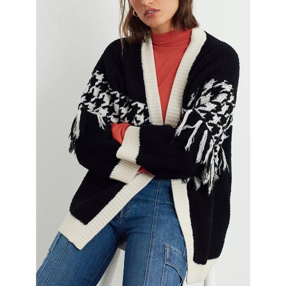 Anthropologie Tobi Houndstooth Fringed Cardigan Size OS Black White